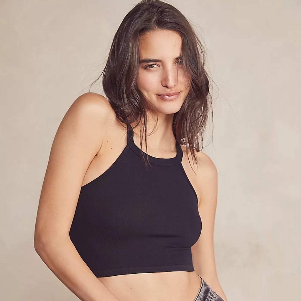 Free People Bella Black Seamless Rib Cropped Tank Top